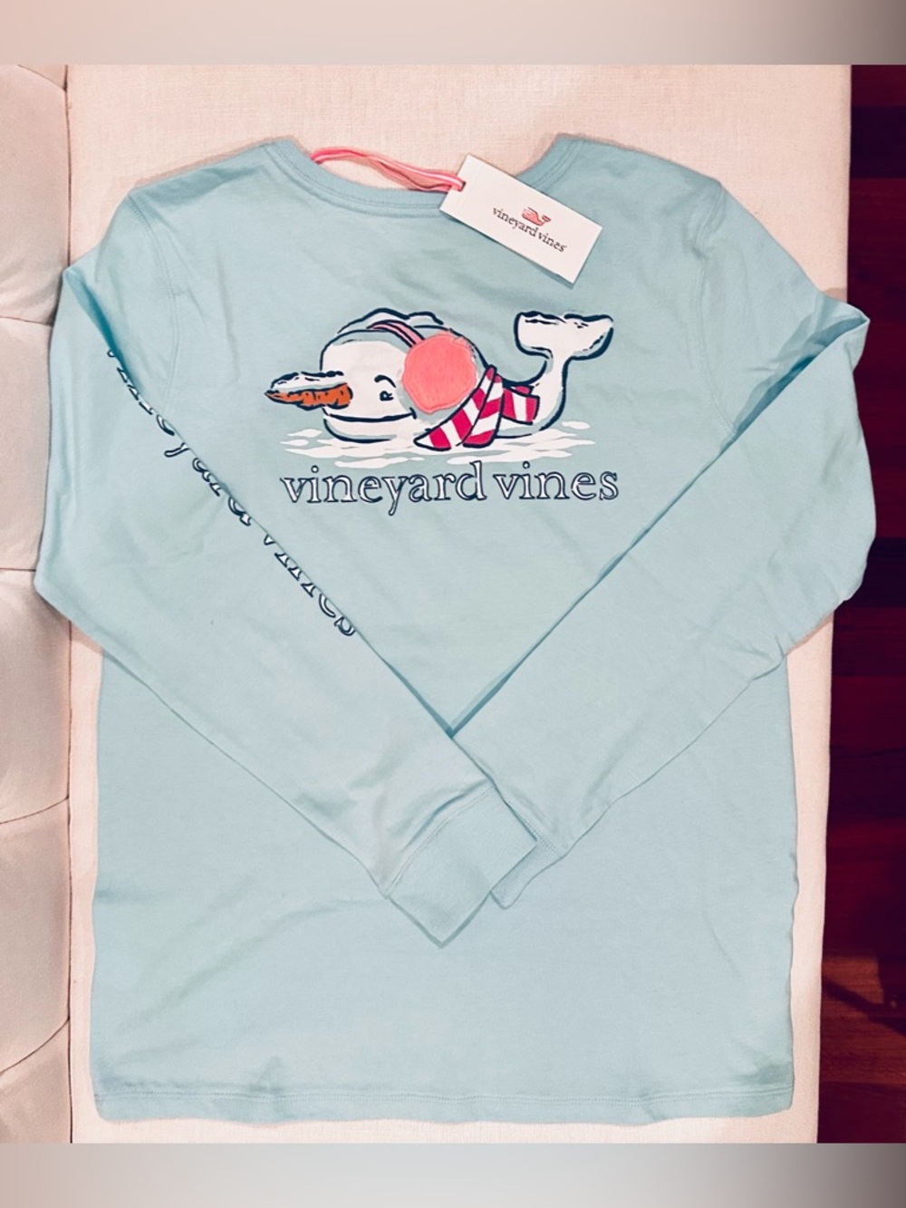 NWT Vineyard Vines Blue LongSleeve Snowman Whale Tee Plush Pink Earmuff Kids XL